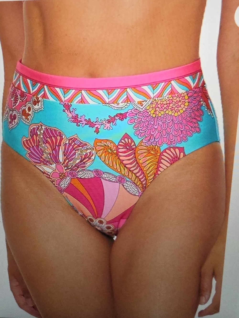 Trina Turk Meilani High-Waist Floral Bikini Bottoms in Turquoise & Pink